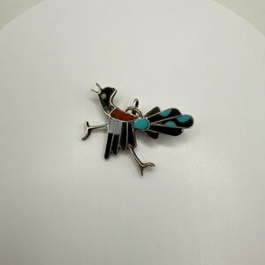 ZUNI pin pendant Sterling Mosaic Road Runner signed C. Dishta OLD vtg. SS